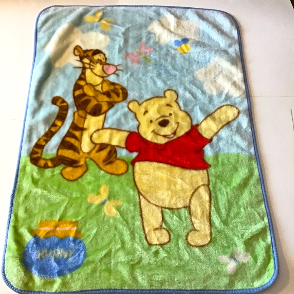 VTG Disney Winnie Pooh Tigger Baby Blanket Fleece Y2K Blue Green Honey Nursery